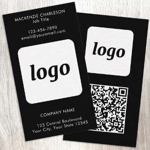 Cartão De Visita Código QR Vertical Texto Simples Logotipo Preto