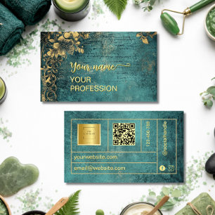 Cartão De Visita Código Qr Vintage Esmeralda Verde Dourado e Preto