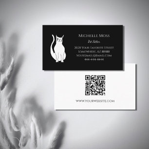 Cartão De Visita Código QR White Cat Pet Sitter Scanner Preto