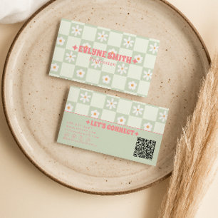 Cartão De Visita Código QR Xadrez Retro Floral Boho Moderno