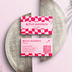 Cartão De Visita Código QR Xadrez Rosa e Vermelho Retro