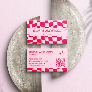 Cartão De Visita Código QR Xadrez Rosa e Vermelho Retro
