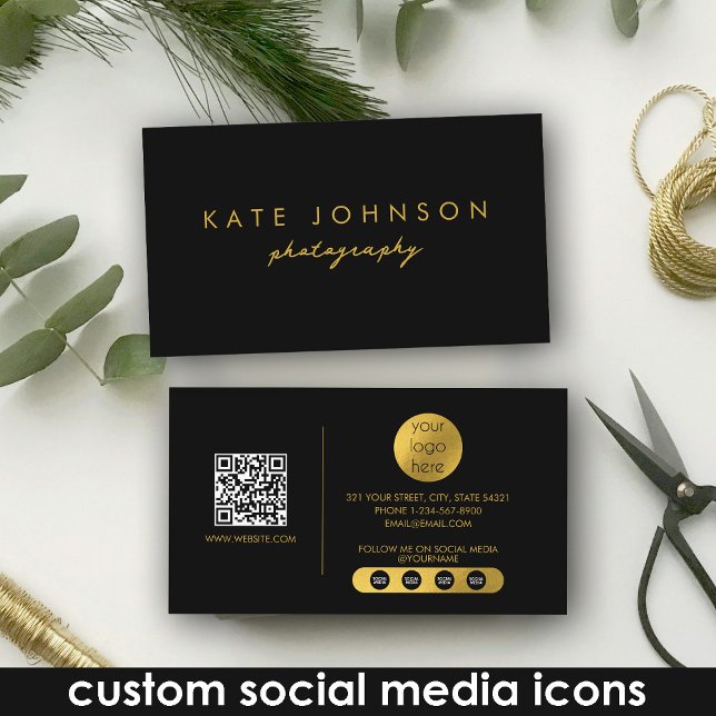 Cartão De Visita Código social de código QR de script Dourado de lu (Black Gold Luxury Script QR Code Social Media Business Card)