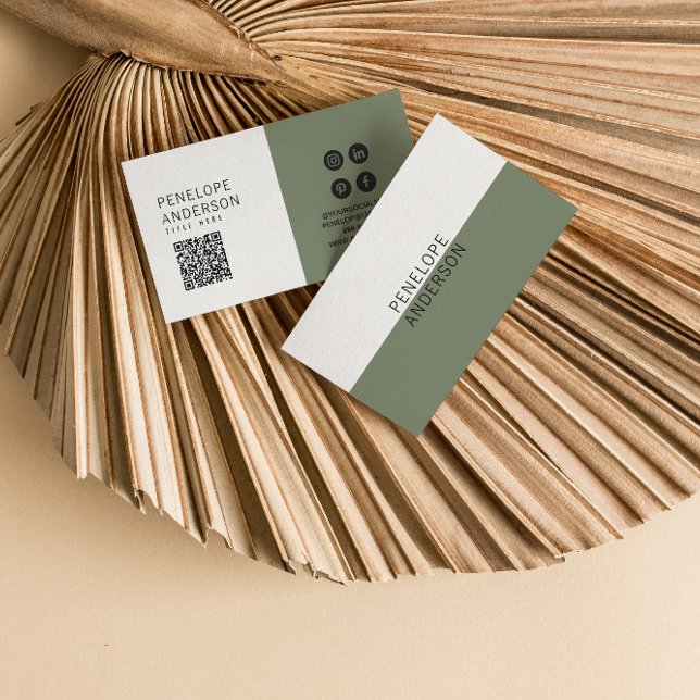 Cartão De Visita Código Verde Neutro Elegante QR Boho Chic Moderno (Criador carregado)