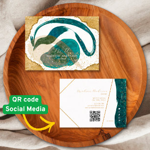Cartão De Visita Códigos QR de negócios Chic Teal dourado brilhante