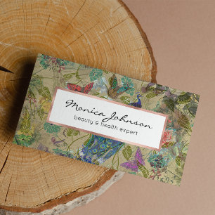 Cartão De Visita Colagem cor-de-rosa azul do pavão do verde do