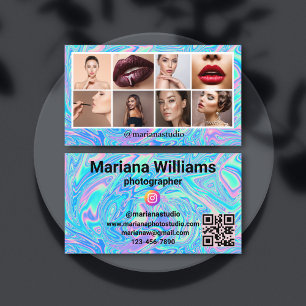 Cartão De Visita colagem de 8 fotos instagram holográfica código qr
