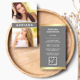 Cartão De Visita Colagem de Fotos Código QR Atriz Modelo Grey Gold 