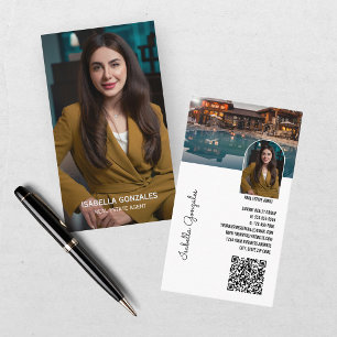 Cartão De Visita Colagem de Fotos Moderna Código QR de Agente Imobi
