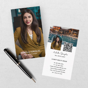 Cartão De Visita Colagem de Fotos Moderna Código QR de Agente Imobi