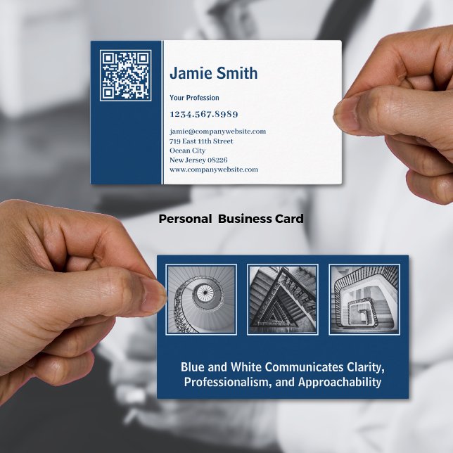 Cartão De Visita Colagem Digital Profissional - Branco Azul (Professional Scannable Collage Blue White Personal Business Card)