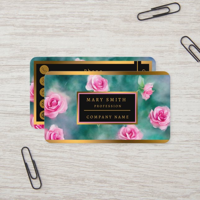 Cartão De Visita Coleção de Rosas Rosa de Linda Aquarela Popular (Frente/Verso In Situ)