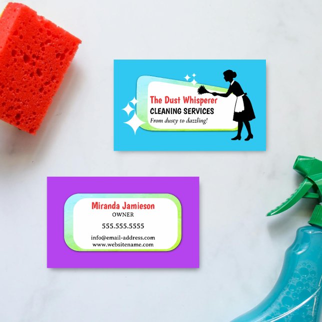 Cartão De Visita Colorful Dusting Maid Professional Cleaning Busine (Colorful and retro dusting maid professional cleaning business card front and back.)