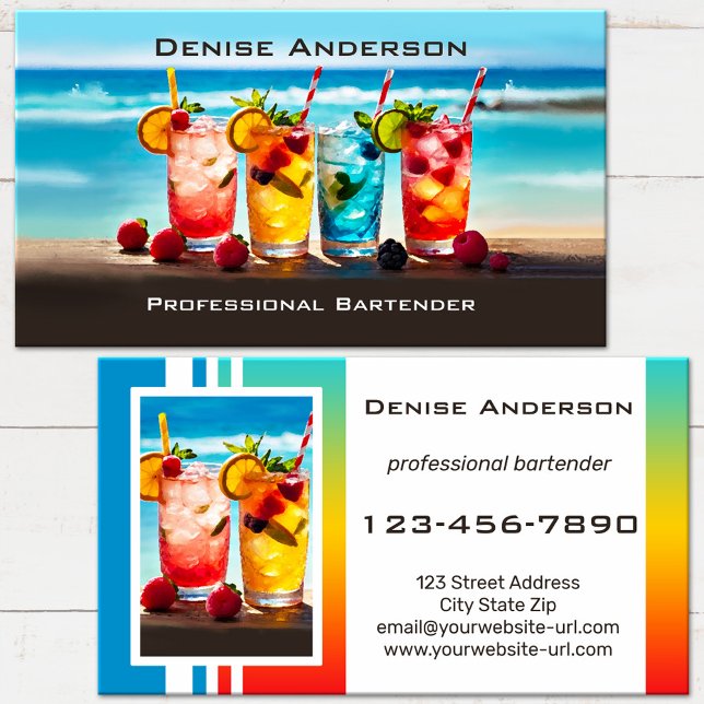 Cartão De Visita Colorido Coquetel de Verão Bartender de Praia  (Eye catching business card featuring colorful tropical cocktails on the beach - bartender - bar)