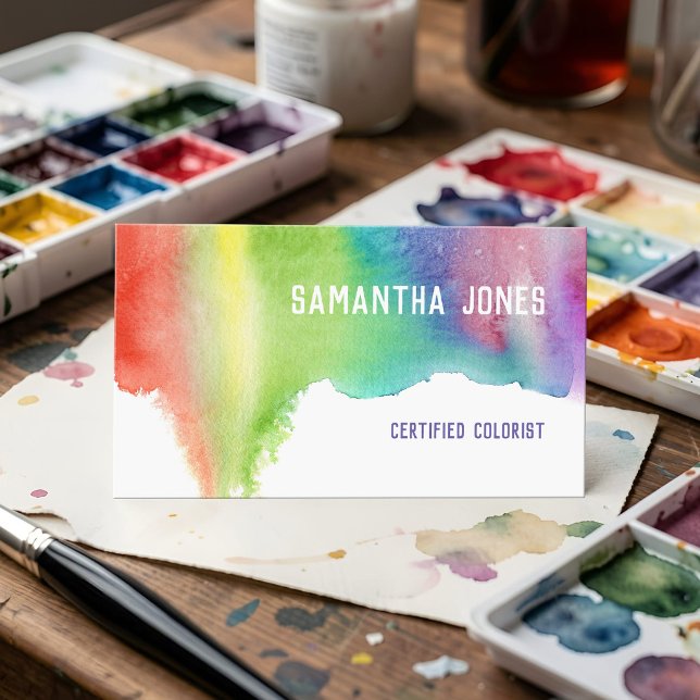 Cartão De Visita Colorido Estilista de Cabelo Arco-íris Aquarela Vi (Vibrant watercolor business card for colorists - bold, customizable, and unforgettable branding)