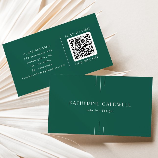 Cartão de Visita com Código QR EVERLY Jewel Tone A (EVERLY Jewel Tone Art Deco Emerald Green QR Code Business Card)