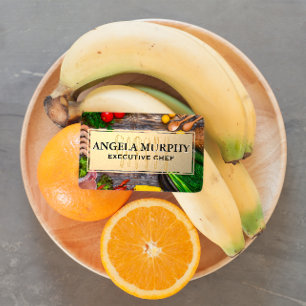 Cartão De Visita Comida na Mesa de Wooden  Quadro Dourado  Ferramen