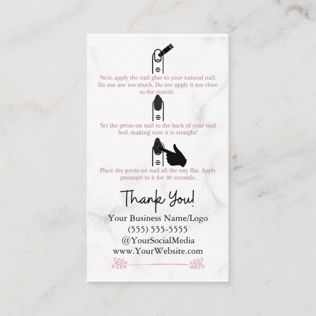 Cartão De Visita Como aplicar o comando Press-On Unhas Instructions (Verso)