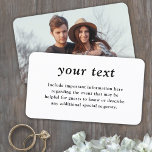 Cartão De Visita Compartimento de casamento com fotos de tipografia<br><div class="desc">O cumprimento é simples convites elegantes para casamento e fornece informações importantes para os convidados com cartões personalizados de na moda. Todo o texto neste modelo é simples de personalizar ou excluir conforme necessário. Este cartão pode incluir quaisquer detalhes de celebração de sua escolha, como instruções, site, solicitações especiais, acomodações,...</div>