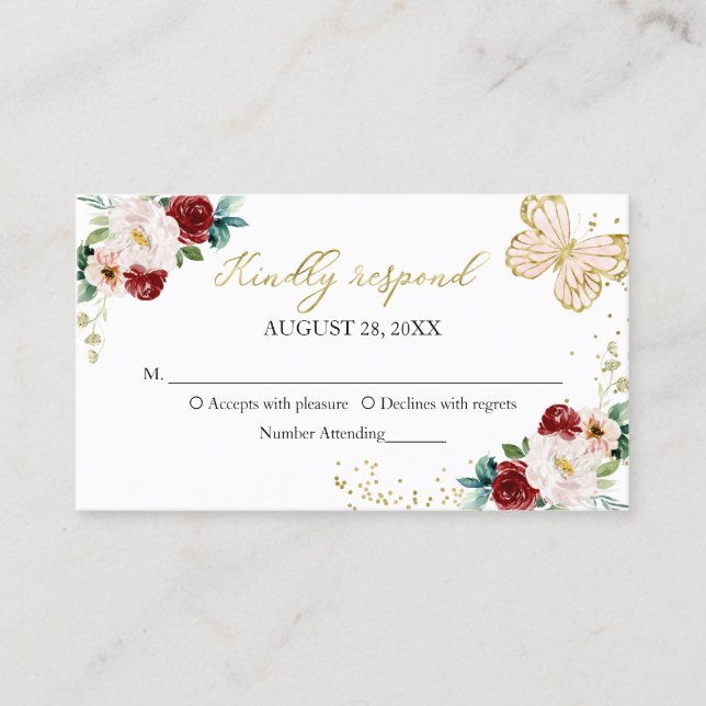 Cartão De Visita Compartimento RSVP de Borboleta Floral Vermelha 16 (Frente)