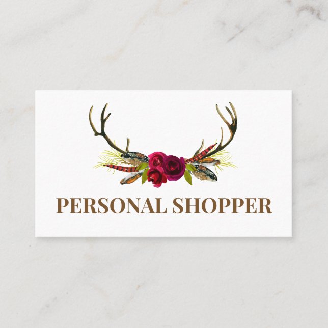 Cartão De Visita Comprador Pessoal de Antler Floral Branco e Boho C (Frente)
