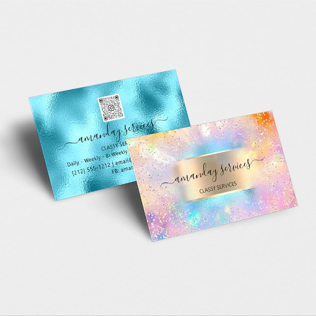 Cartão De Visita Compro Boutique Confetti Dourado do Oceano Holográ (Holographic Ocean Gold Confetti Boutique Shop QR Business Card)