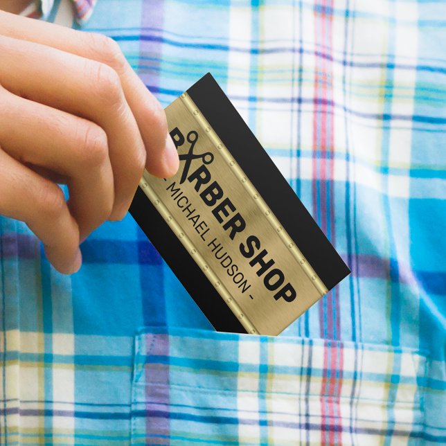 Cartão De Visita Compro de Barber na moda preto e Dourado Masculino (Criador carregado)