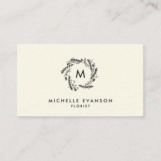 Cartão De Visita Compro Flor, Monograma, creme e preto (Frente)