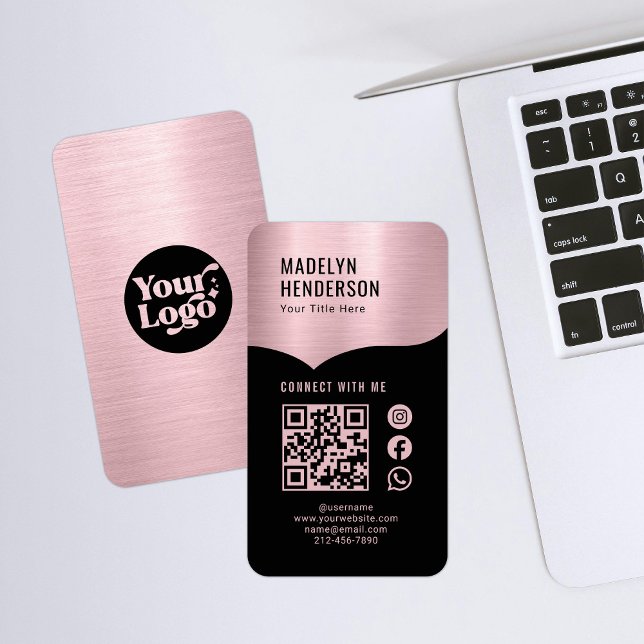 Cartão De Visita Conectar mídia social de código QR Dourado do Rosa (Criador carregado)