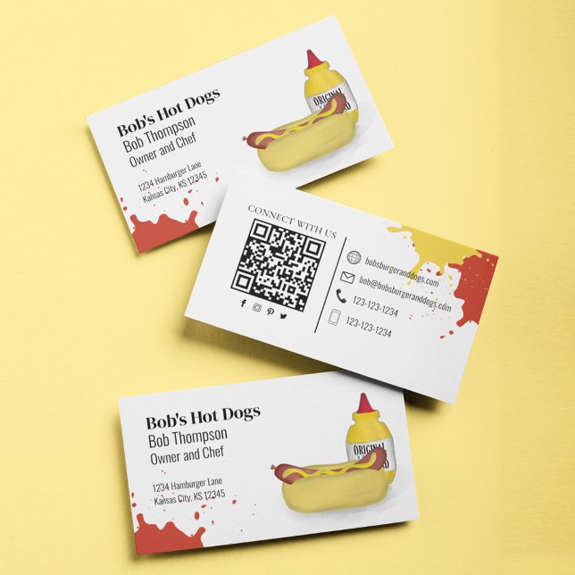 Cartão De Visita Conecte-se Comigo Código QR Simples Cachorro-Quent (Hot Dog business card template.)