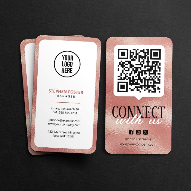 Cartão De Visita Conecte-se Conosco Código QR Mídia Social Rose Gol (Criador carregado)
