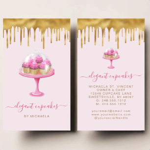 Cartão De Visita Confeitaria de Cupcake Rosa com Drip de Folha de O