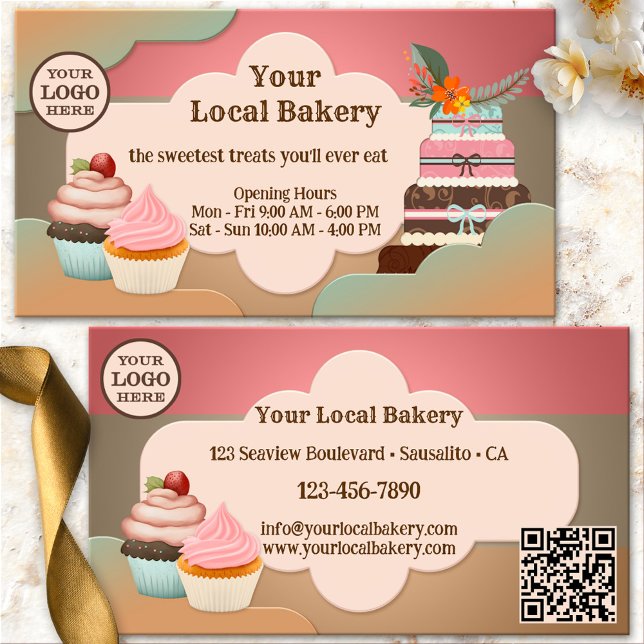 Cartão De Visita Confeitaria Sweet Treats Cupcake (Sweet bakery business card showing a retro design with cupcakes and a large wedding or birthday cake)