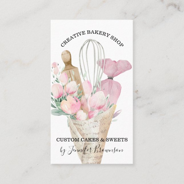 Cartão De Visita Confeiteiro de Padaria Flores Rosa Boho (Frente)