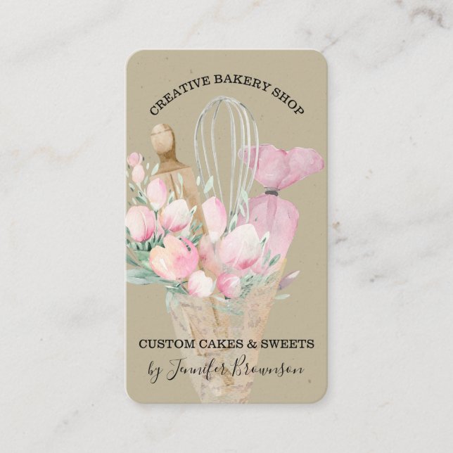 Cartão De Visita Confeiteiro de Padaria Flores Rosa Boho artesanato (Frente)