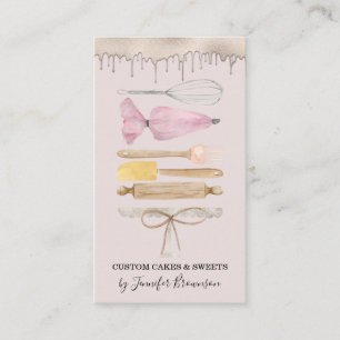 Cartão De Visita Confeiteiro de Padaria Rosa Drip de Bolo Aquarela