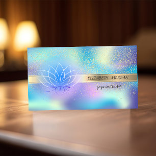 Cartão De Visita Confete Dourado Elegante, Lótus, Holográfico Azul