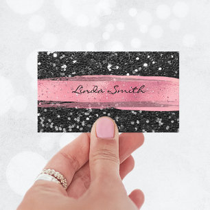 Cartão De Visita Confete Preto Brilho Pinceladas Rosa