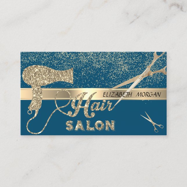 Cartão De Visita Confetti Dourado moderno, Tesoura, secador de cabe (Frente)