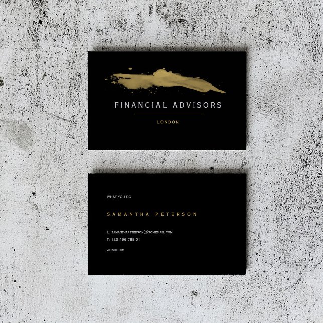 Cartão De Visita Conselheiro financeiro, talha de tinta dourada (Luxury black business card design for financial advisors, featuring gold brushstroke details)