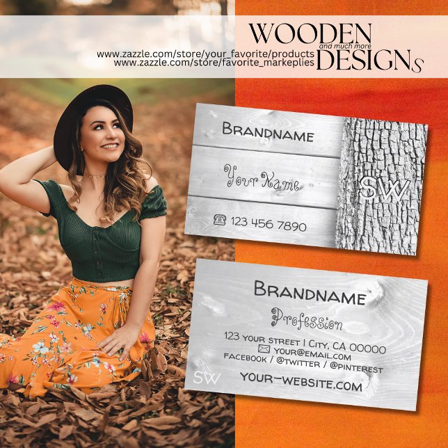 Cartão De Visita Conselhos de madeira branca Árvore rustica Latido  (Criador carregado)