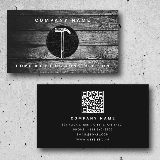 Cartão De Visita Construção de casa de martelo de madeira preta (Black Wood Hammer Home Building Construction Business Card)