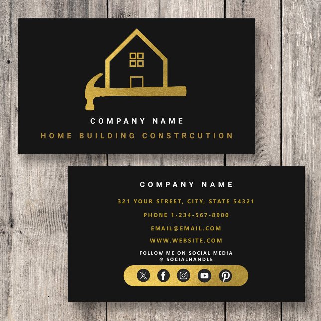 Cartão De Visita Construção de casa de martelo Dourado negro (Black Gold Hammer Home Building Construction Business Card)