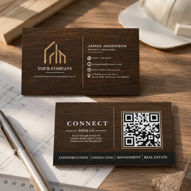 Cartão De Visita Construção de Código QR com Textura de Madeira Mod (Modern Wood Grain QR Code Construction Business Card
)