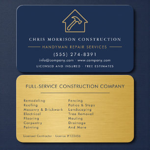 Cartão De Visita Construção de Faz-tudo Metal Dourado Azul Marinho