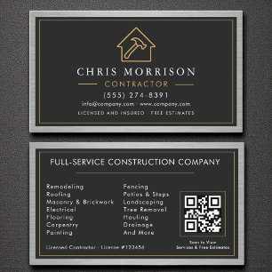 Cartão De Visita Construção de prédio Black Faux Metal QR Code