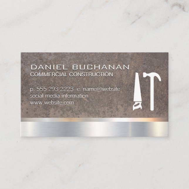 Cartão De Visita Construção | Madeira Metálica | Saw Hammer | Metal (Frente)