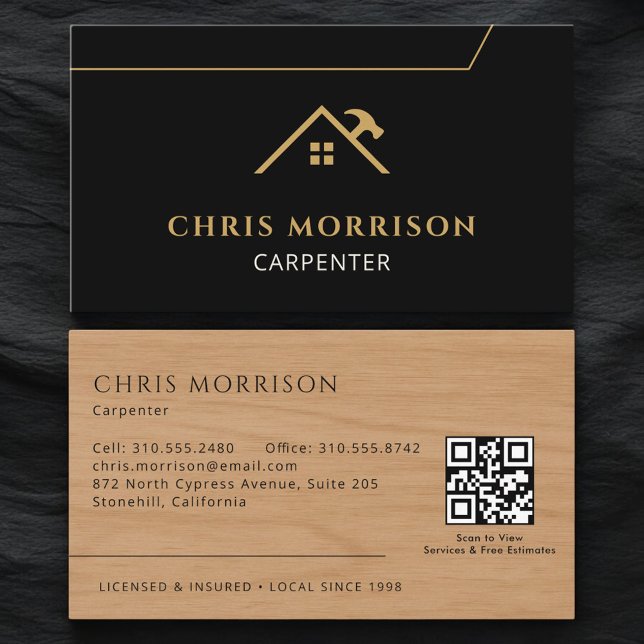 Cartão De Visita Construction Carpenter Carpentry Wood QR Code (Criador carregado)