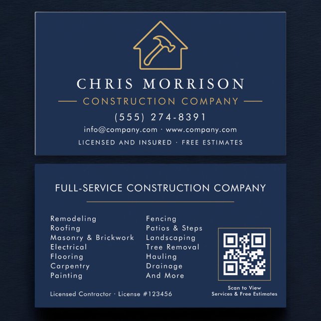 Cartão De Visita Construction Company QR Code Navy Blue Gold  (Criador carregado)