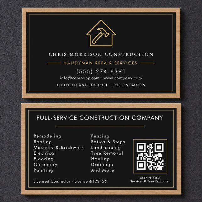 Cartão De Visita Construction & Handyman QR Code Wood (Criador carregado)